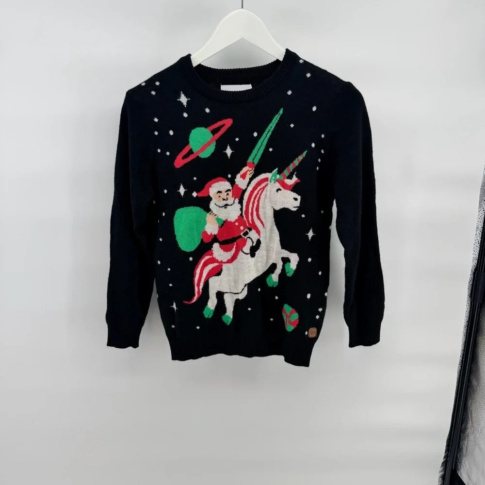NWOT Tipsy Elves Black Space Santa Unicorn Kids Sweater